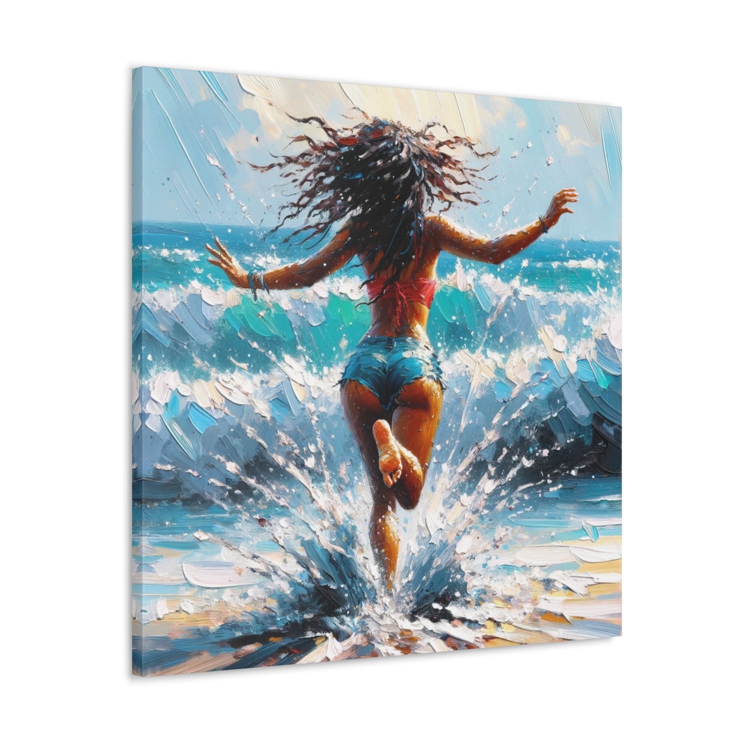 Art Print, East Indian Woman from Trinidad running into the Atlantic Ocean, Caribbean, Oil Finish, West Indian Art, Canvas Gallery Wraps