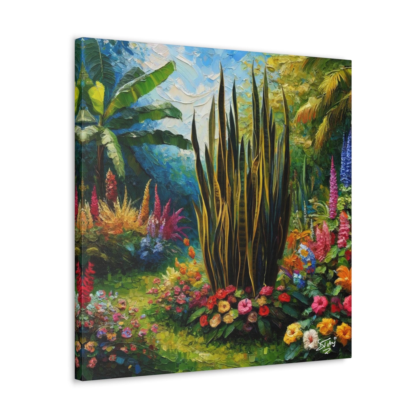 Art Print of Snake Plant in Tropical Flower Garden, Oil Finish, West Indian Art, Canvas Gallery Wraps