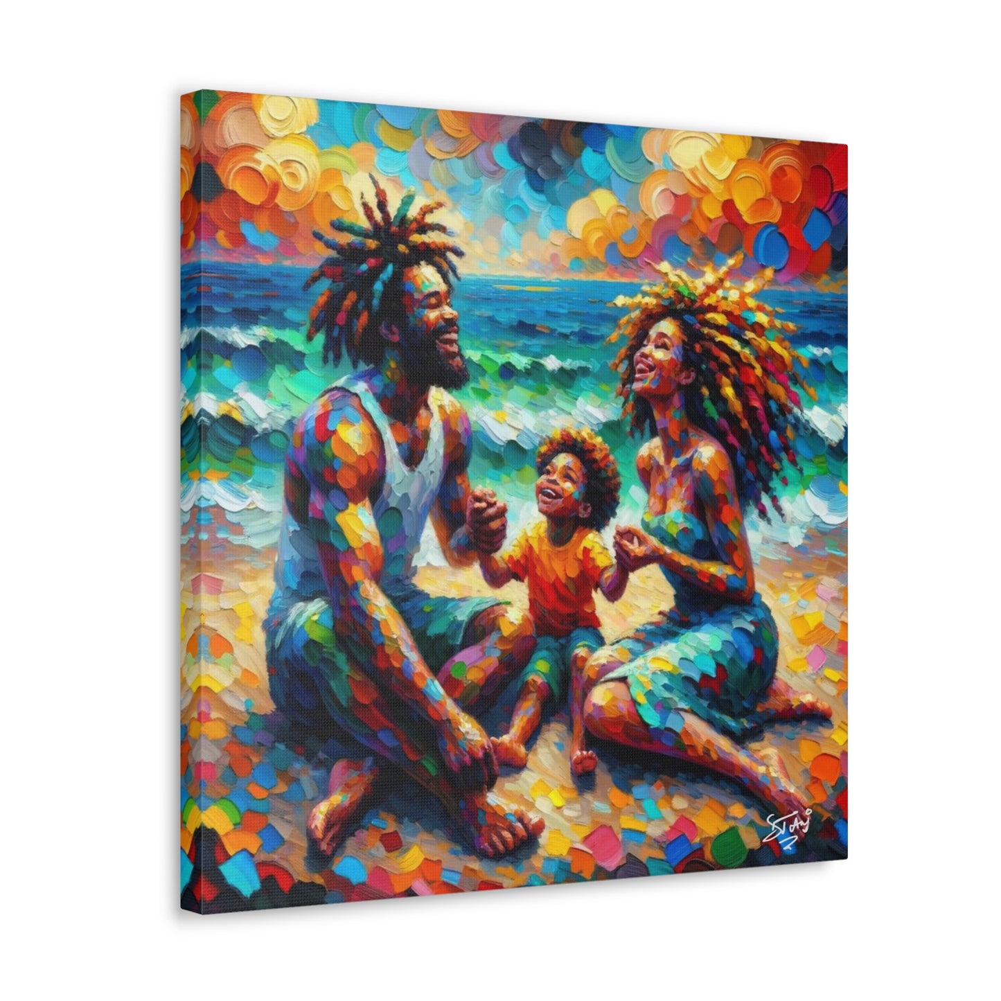 Art Print, Afro-Caribbean Family "Sitting on the Beach," Oil Finish, West Indian Ethnicity, Cultural, Heritage, Semi-Abstract, Canvas Gallery Wrap