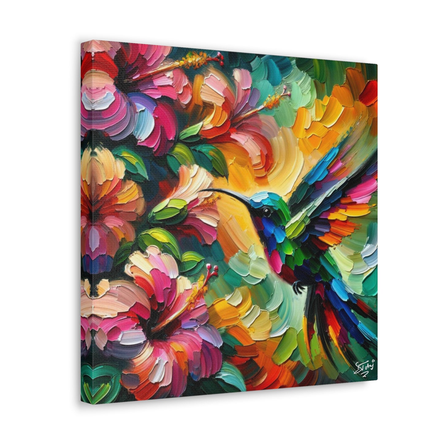 Art Print, Hummingbird on Hibiscus, Oil Finish, Caribbean Nature, Cultural, Heritage, Semi-Abstract, Canvas Gallery Wrap