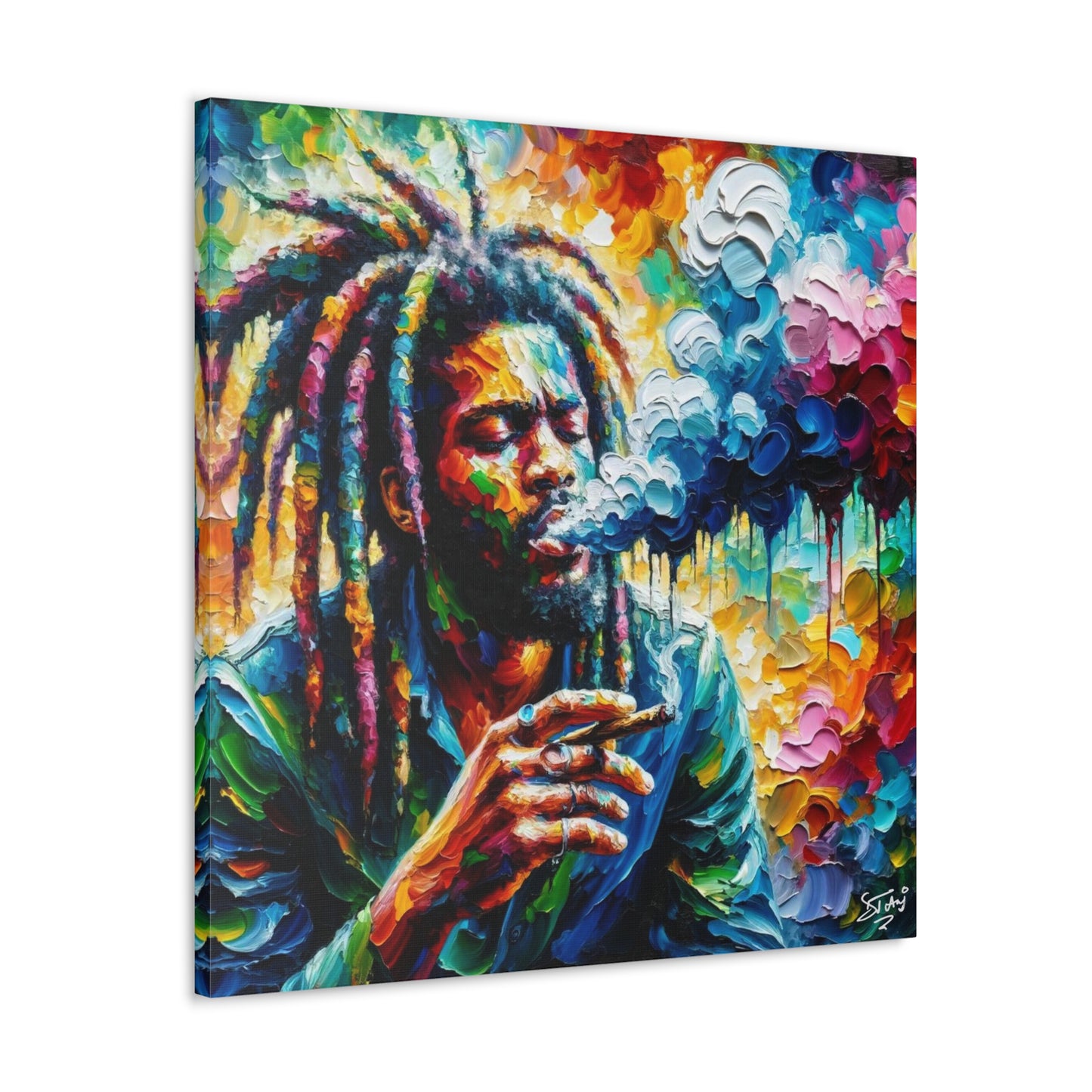 Art Print of Rastaman Smoking, Oil Finish, West Indian Ethnicity, Cultural, Heritage, Afro-Caribbean Man, Semi-Abstract, Canvas Gallery Wrap