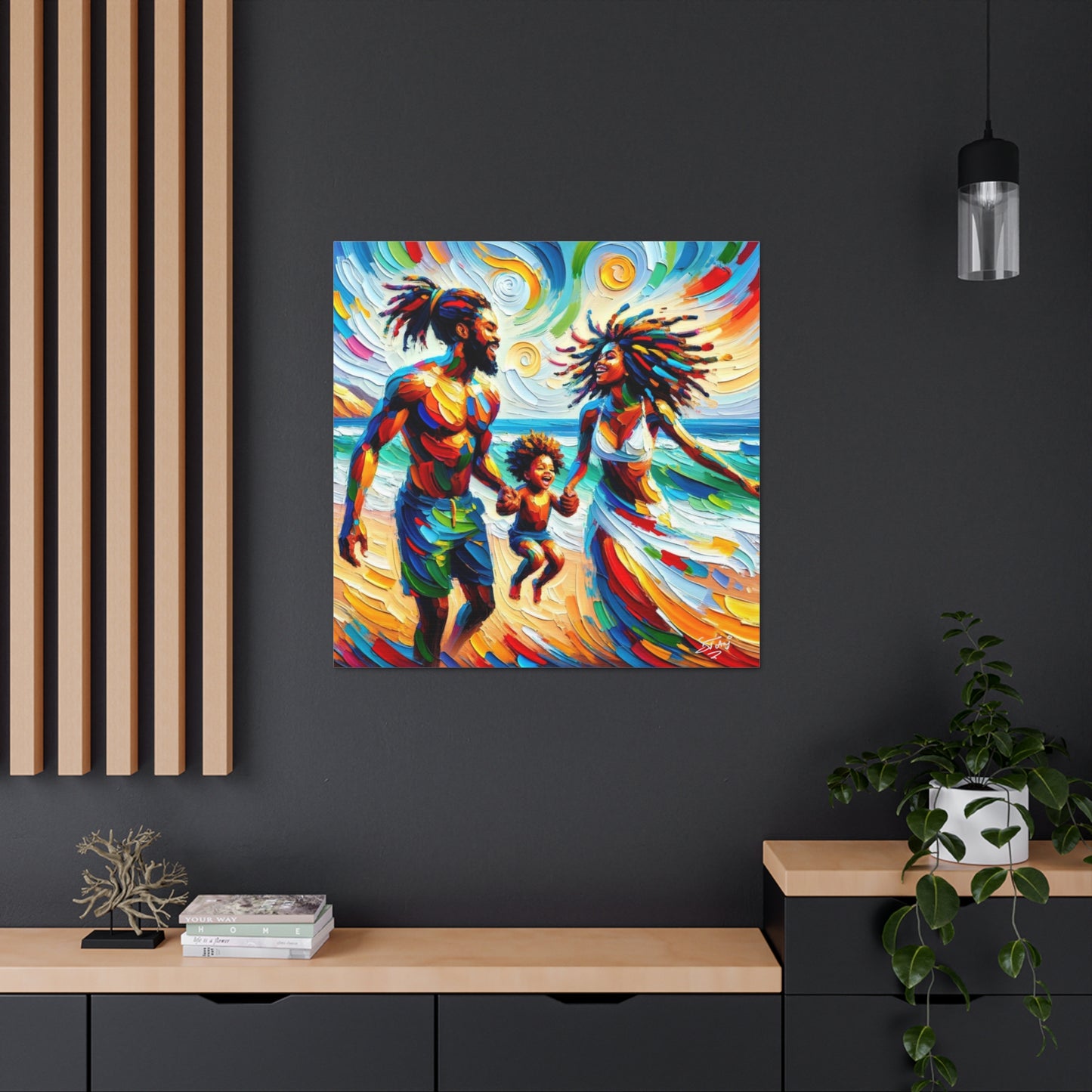 Art Print, Afro-Caribbean Family "Walking on the Beach," Oil Finish, West Indian Ethnicity, Cultural, Heritage, Semi-Abstract, Canvas Gallery Wrap