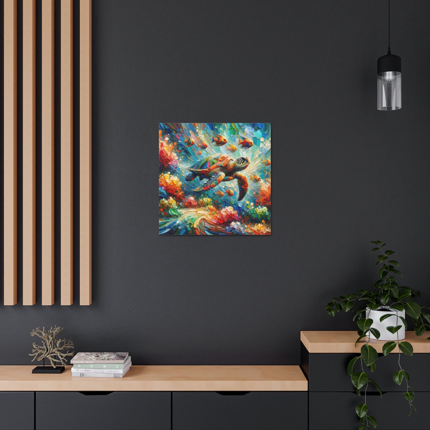 Art Print, Turtle & Fish in Reef, Oil Finish, Caribbean Nature, Cultural, Heritage, Semi-Abstract, Canvas Gallery Wrap