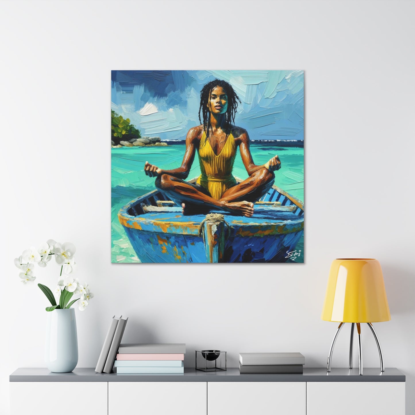 Art Print, Afro-Caribbean Woman "Chilling in the Boat (4)" Oil Finish, West Indian Ethnicity, Cultural, Heritage, Semi-Abstract, Canvas Gallery Wrap