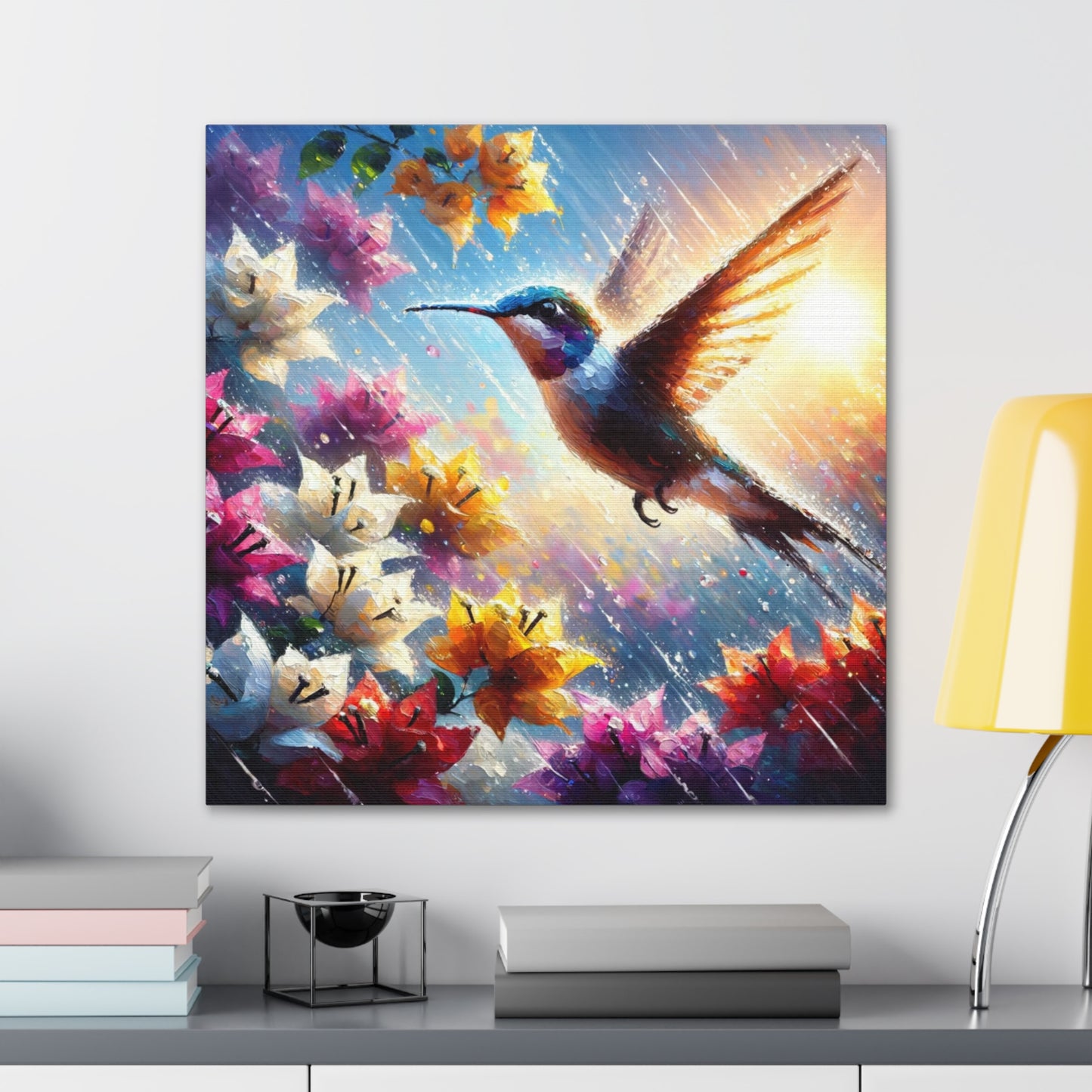 Art Print of Hummingbird in Flight...in the Sun and Rain, Bougainvillea, Caribbean, Oil Finish, West Indian Art, Canvas Gallery Wraps