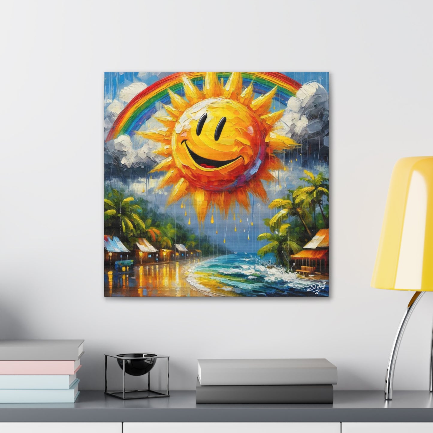 Art Print of Caribbean Beach Scene, "Sun & Rain," West Indian Art, Canvas Gallery Wraps