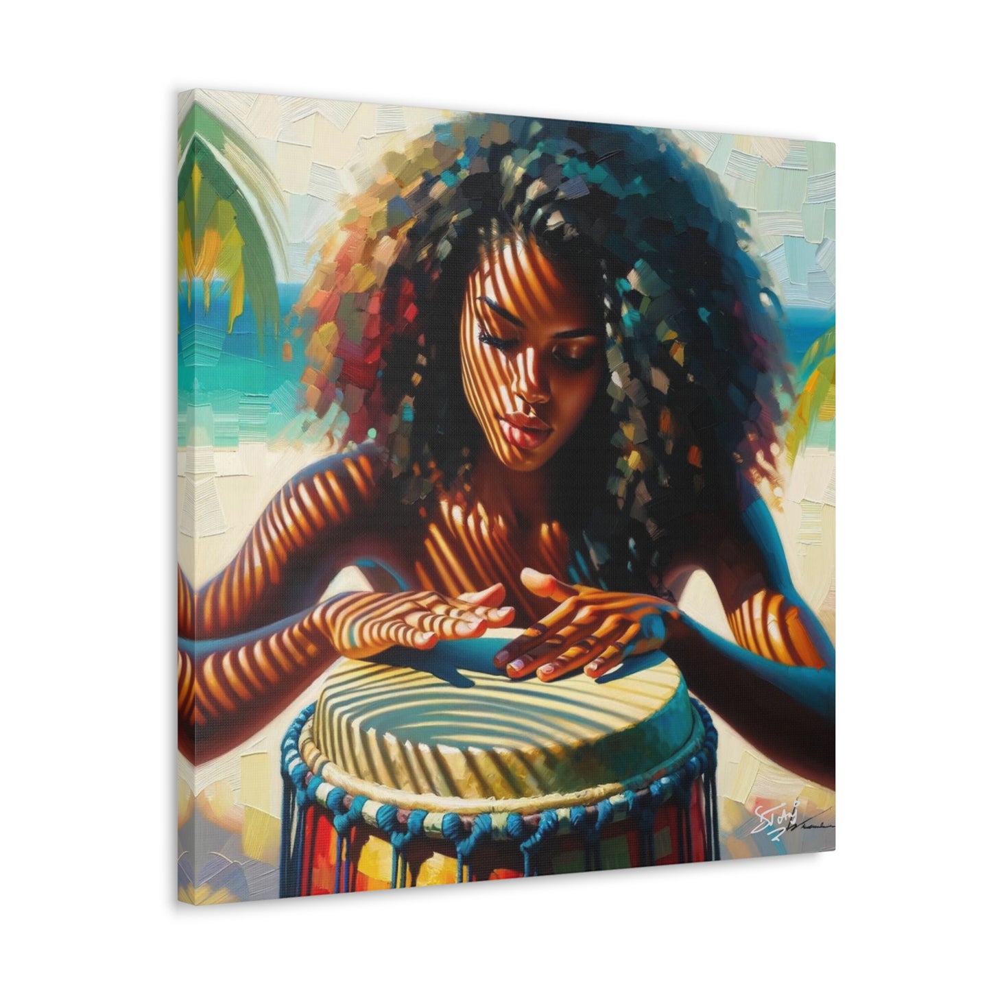 Art Print, Afro-Caribbean Woman, "Drumming" Oil Finish, West Indian Ethnicity, Cultural, Heritage, Abstract, Canvas Gallery Wrap