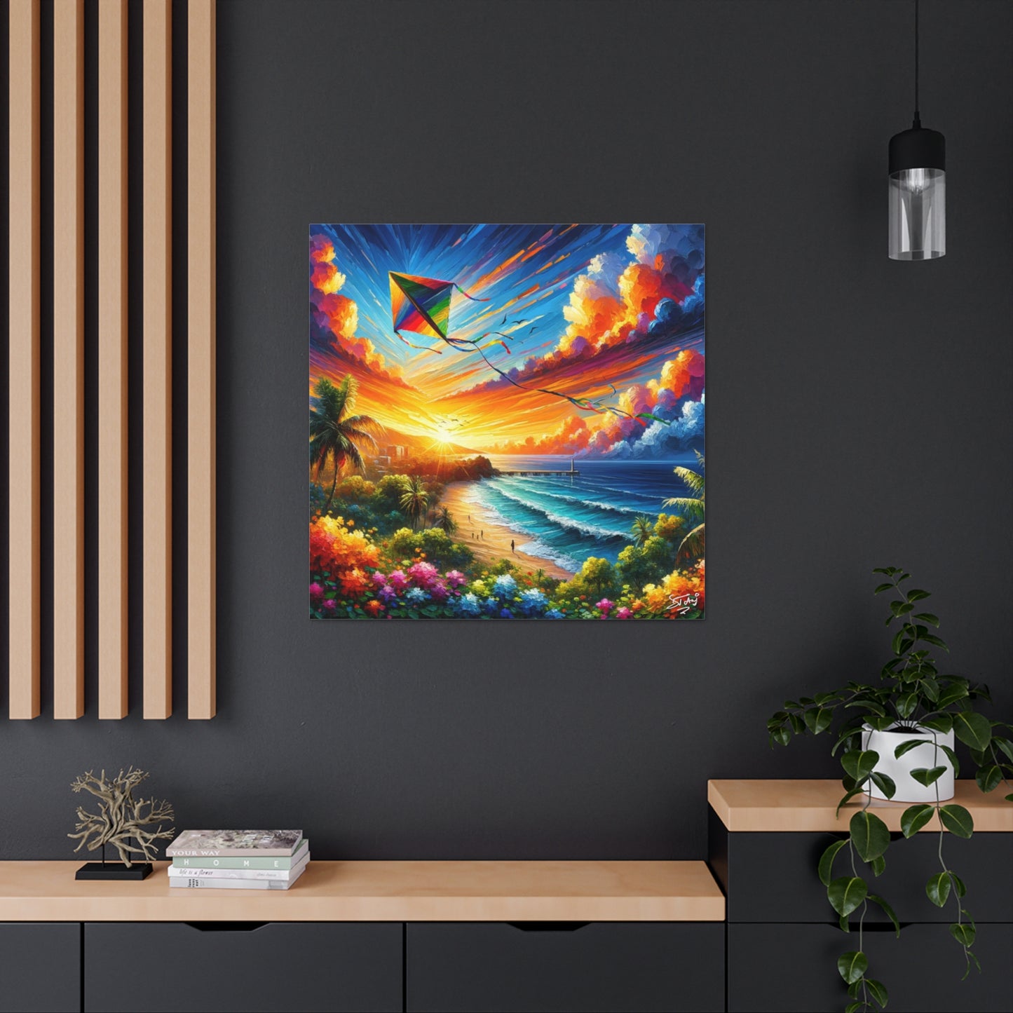 Art Print of Caribbean Sunset "Flying Kite," West Indian Art, Canvas Gallery Wraps