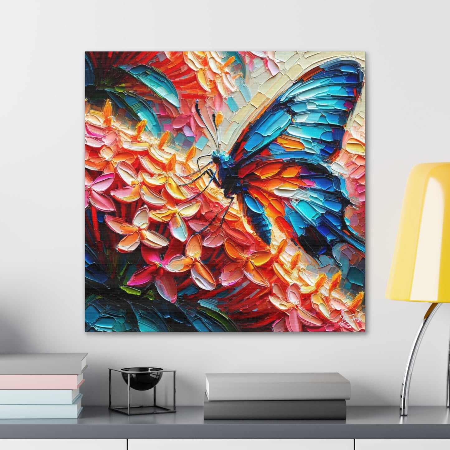 Art Print, Butterfly on Ixoras, Oil Finish, Caribbean Nature, Cultural, Heritage, Semi-Abstract, Canvas Gallery Wrap