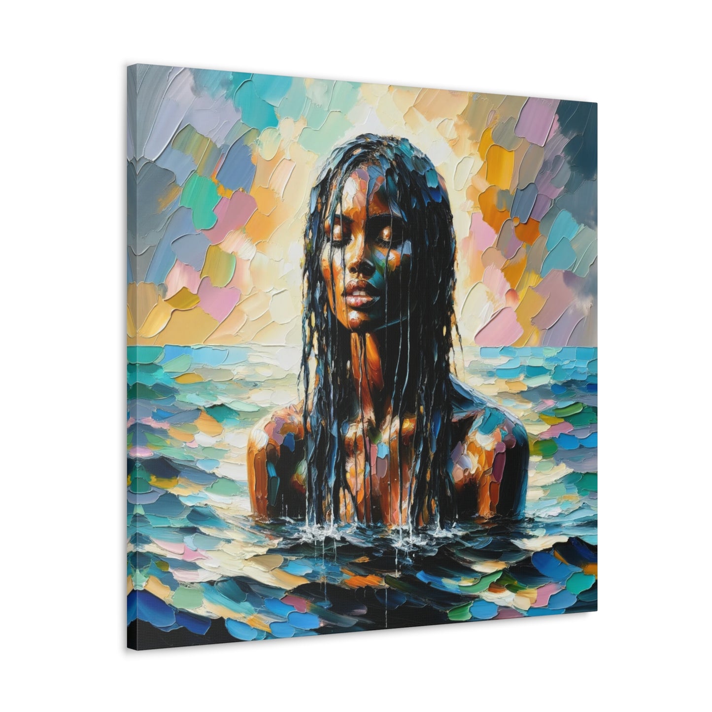 Art Print#9 of Trini Woman - Chilling in the Caribbean Sea, Oil Finish, West Indian Ethnicity, Cultural, Heritage Art, Canvas Gallery Wraps