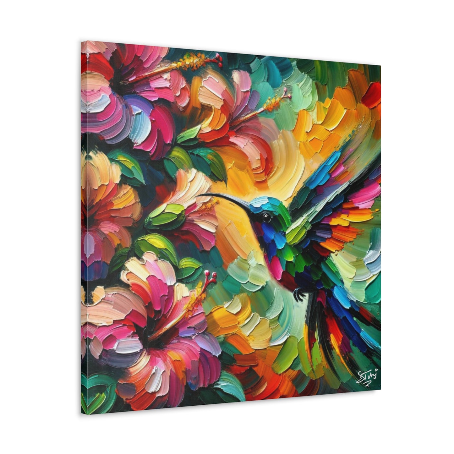 Art Print, Hummingbird on Hibiscus, Oil Finish, Caribbean Nature, Cultural, Heritage, Semi-Abstract, Canvas Gallery Wrap