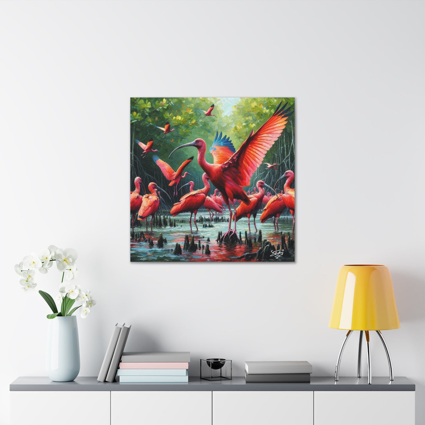 Art Print#2, Scarlet Ibises in Their Natural Mangrove Habitat in Trinidad and Tobago, Caribbean, West Indian Art, Canvas Gallery Wraps