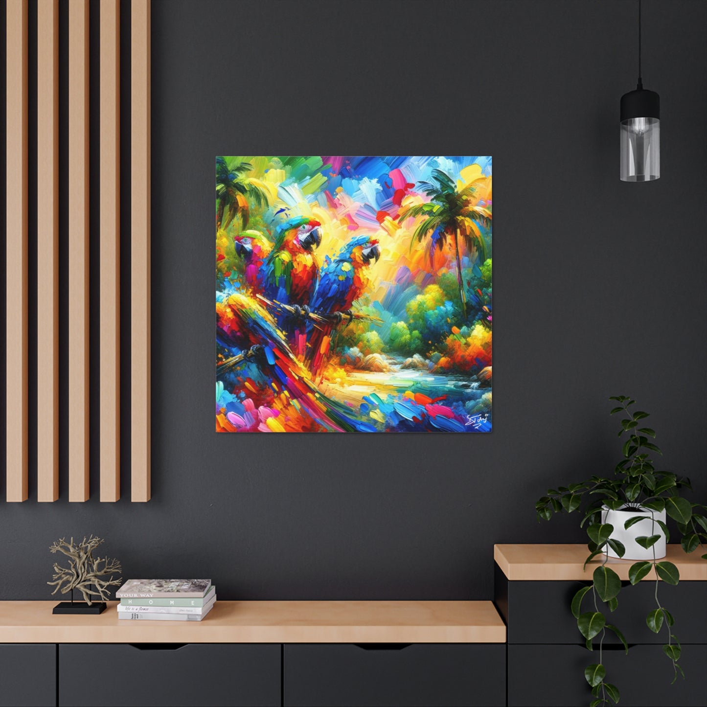 Art Print, The Parrots, Oil Finish, Caribbean Nature, Cultural, Heritage, Semi-Abstract, Canvas Gallery Wrap