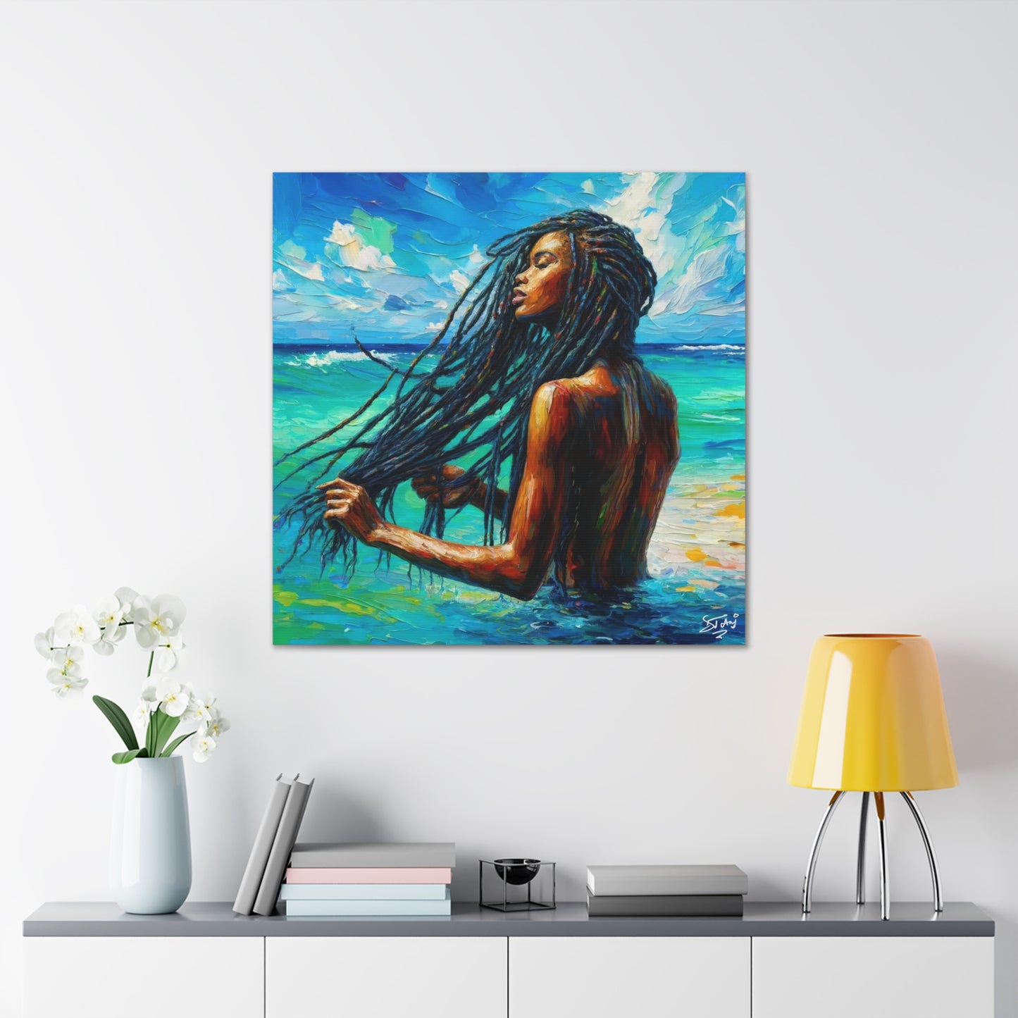 Art Print, Afro-Caribbean Woman "Chilling in the Ocean" Oil Finish, West Indian Ethnicity, Cultural, Heritage, Semi-Abstract, Canvas Gallery Wrap