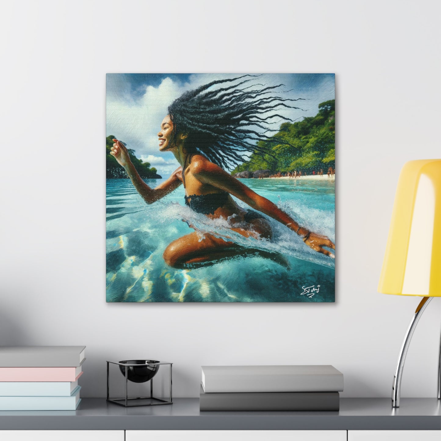 Art Print, Caribbean Woman, "Sea Bath" Abstract, Oil Finish, West Indian Ethnicity, Cultural, Heritage, Abstract, Canvas Gallery Wrap