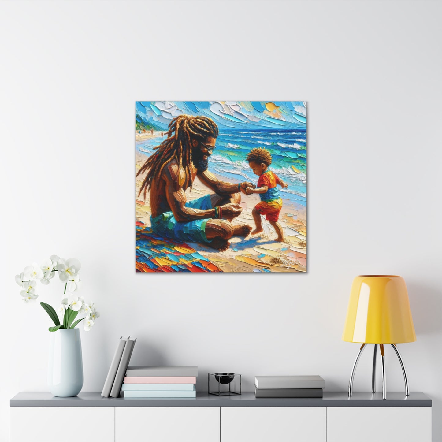 Art Print, Afro-Caribbean Father & Son "Sitting on the Beach," Oil Finish, West Indian Ethnicity, Cultural, Heritage, Semi-Abstract, Canvas Gallery Wrap