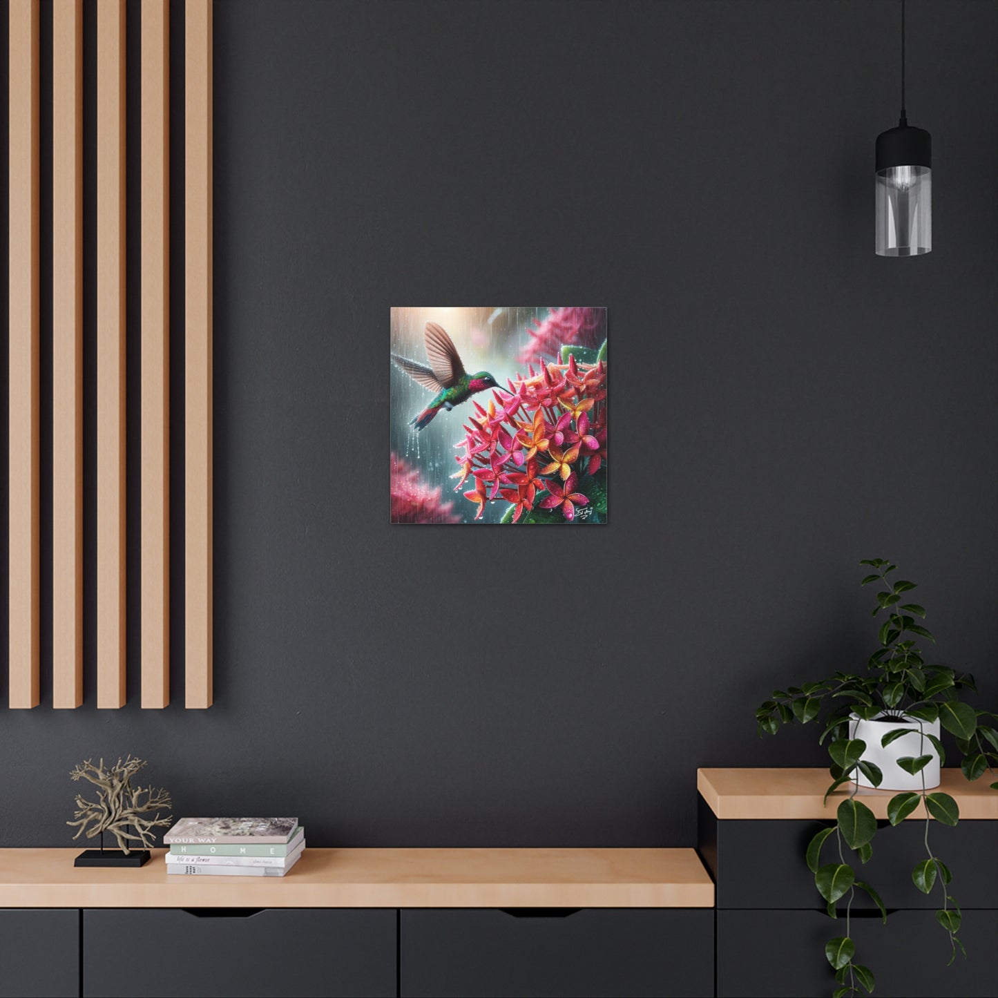 Print of Hummingbird in the Rain Hovering over Ixora Flower, Oil Paint Finish, Caribbean, Tropical, Canvas Gallery Wraps