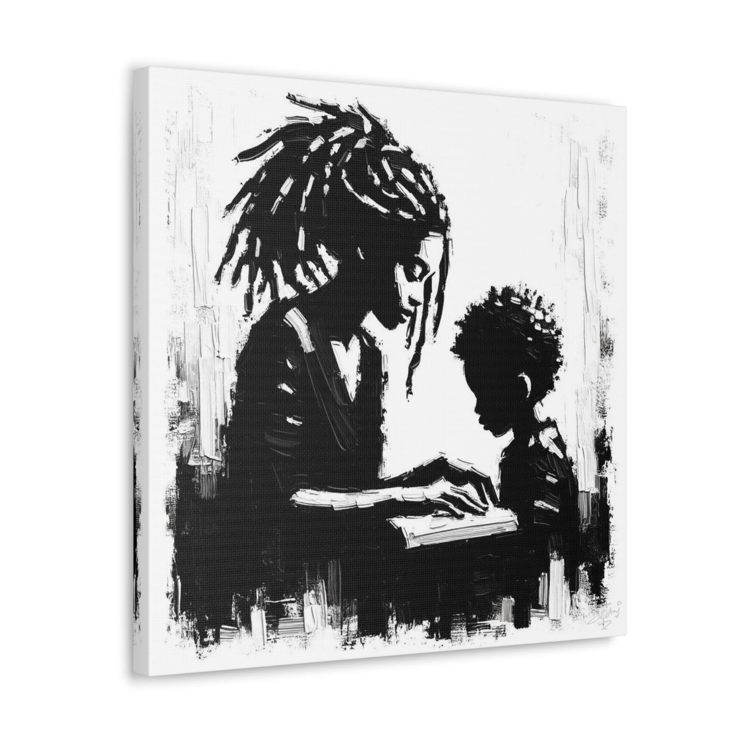 Art Print, Afro-Caribbean Mother & Son, Oil Finish, West Indian Ethnicity, Cultural, Heritage, Semi-Abstract, Canvas Gallery Wrap