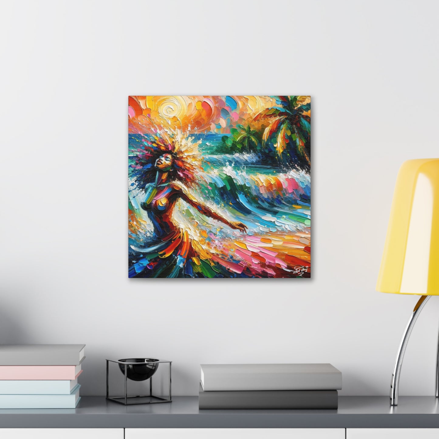 Art Print, Afro-Caribbean Woman, "Enjoying the Sunset" Abstract, Oil Finish, West Indian Ethnicity, Cultural, Heritage, Abstract, Canvas Gallery Wrap