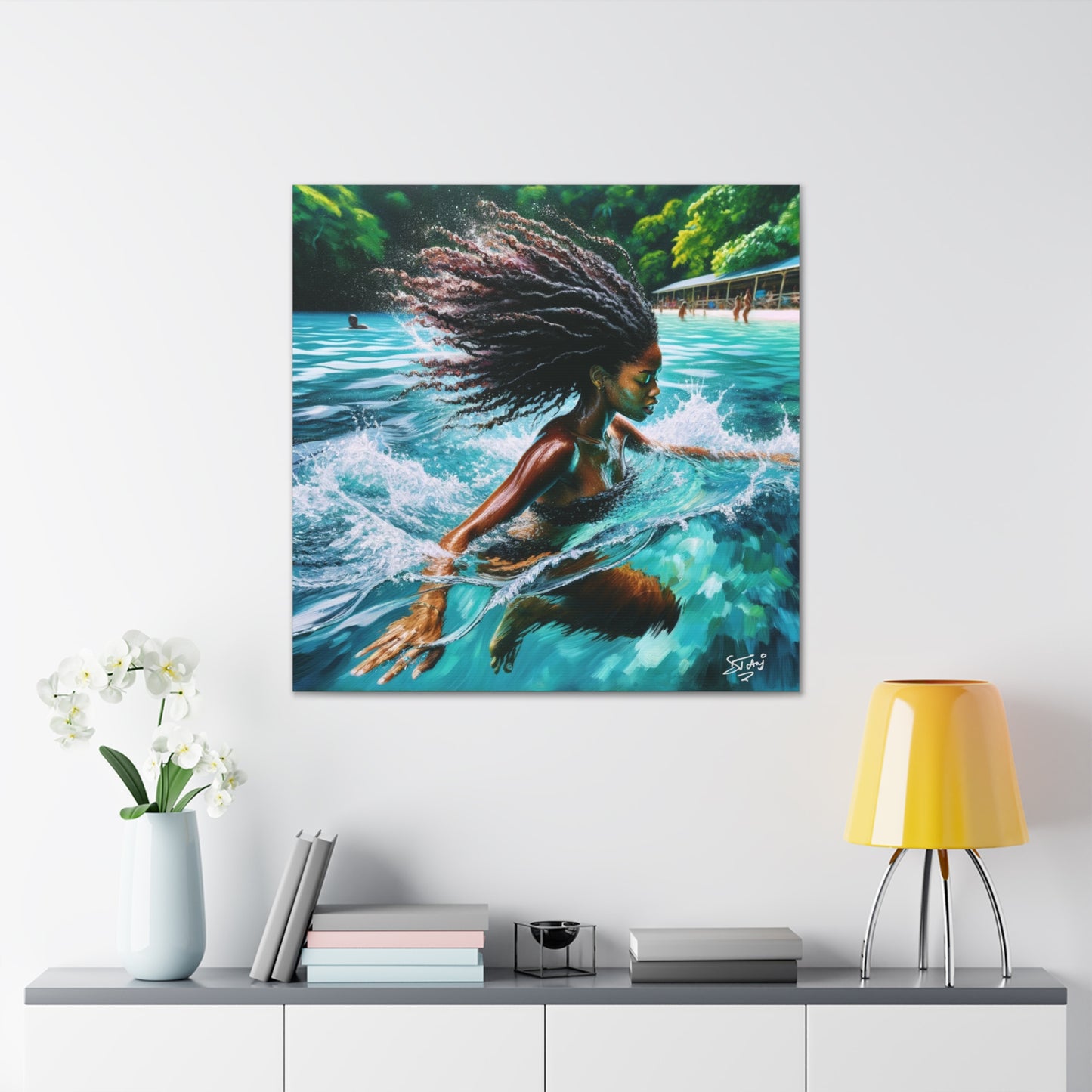 Art Print, Afro-Caribbean Woman, "Sea Bath" Abstract, Oil Finish, West Indian Ethnicity, Cultural, Heritage, Abstract, Canvas Gallery Wrap