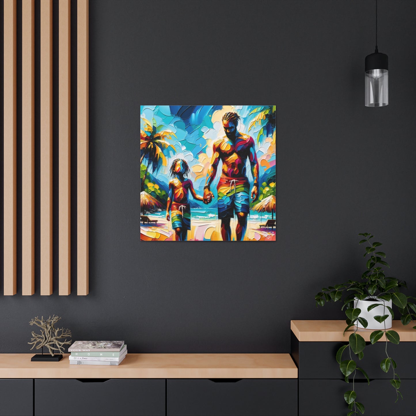 Art Print, Afro-Caribbean Father & Son, Oil Finish, West Indian Ethnicity, Cultural, Heritage, Semi-Abstract, Canvas Gallery Wrap