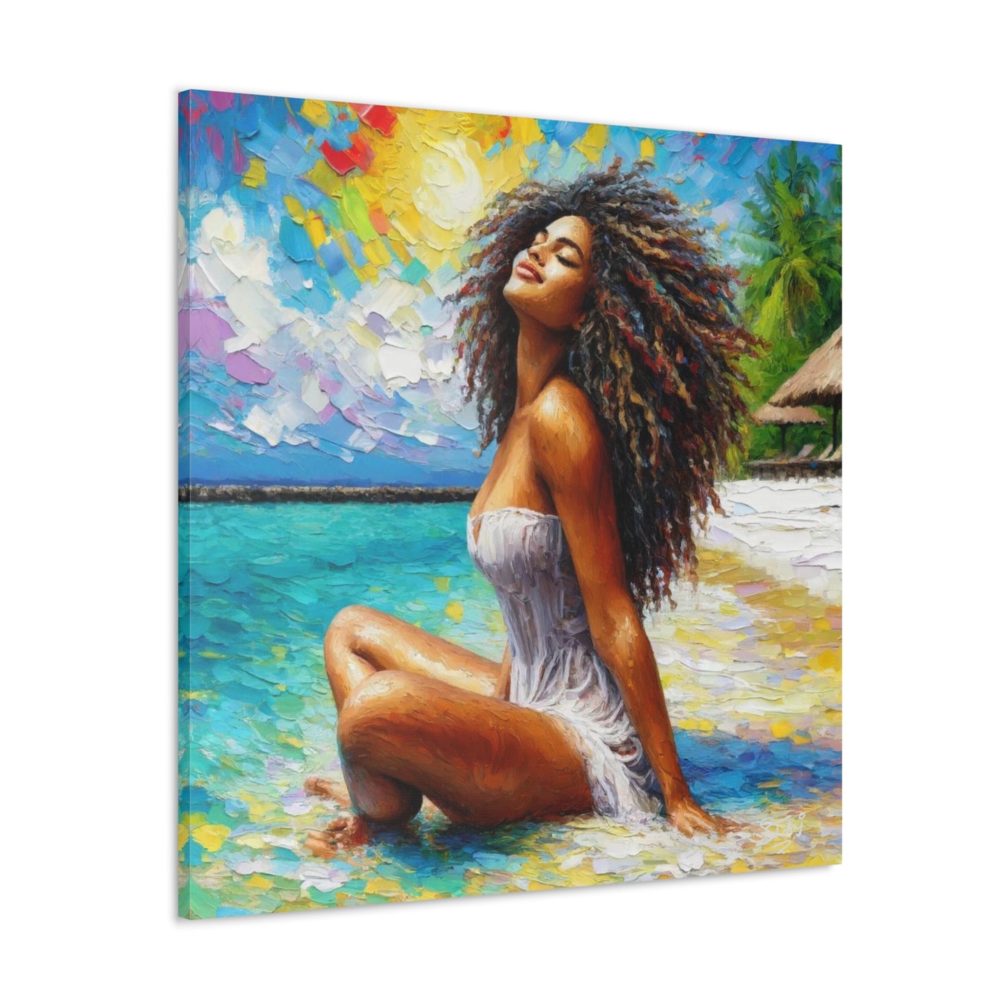 Art Print, Indo-Caribbean Woman, "Chilling on the Beach" Oil Finish, West Indian Ethnicity, Cultural, Heritage, Abstract, Canvas Gallery Wrap