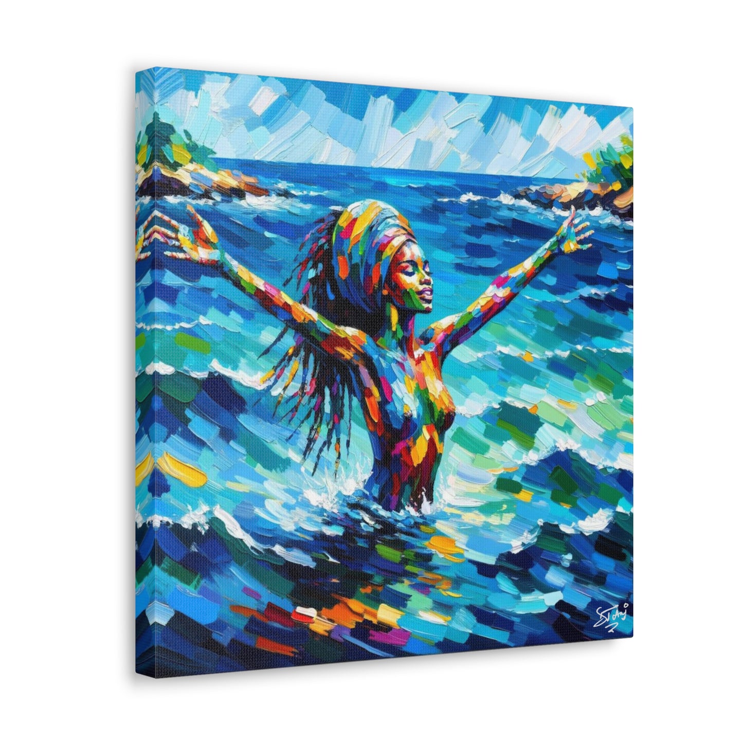 Art Print, Black Woman, Sea Bath, Oil Finish, Caribbean Nature, Semi-Abstract, Canvas Gallery Wrap