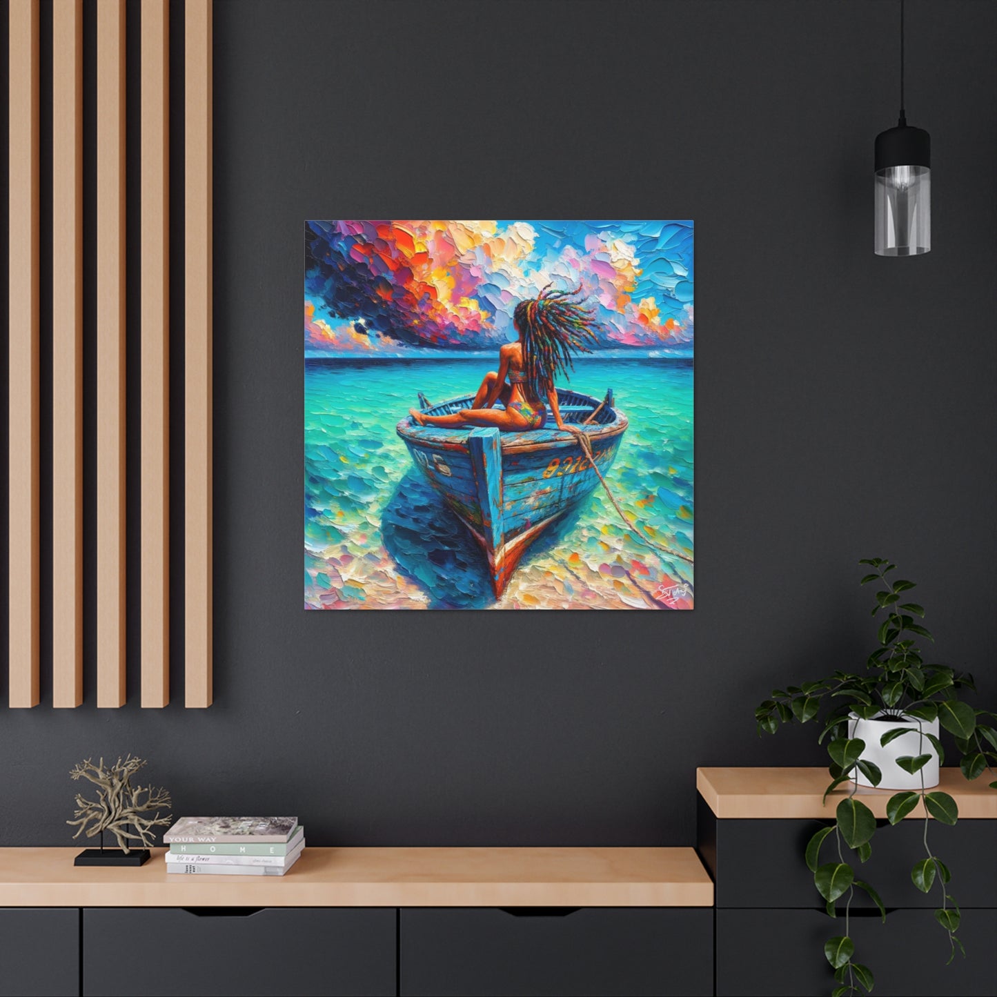 Art Print, Afro-Caribbean Woman "Chilling in the Boat (2)" Oil Finish, West Indian Ethnicity, Cultural, Heritage, Semi-Abstract, Canvas Gallery Wrap