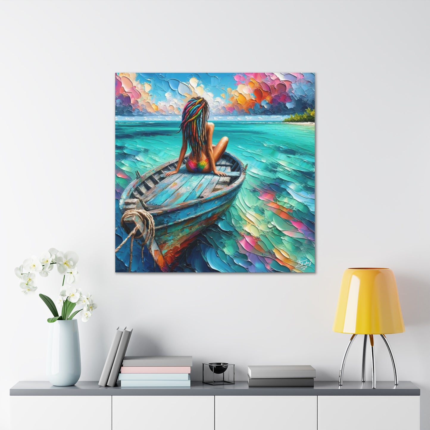 Art Print, Caribbean Woman "Chilling in the Boat" Oil Finish, West Indian Ethnicity, Cultural, Heritage, Semi-Abstract, Canvas Gallery Wrap