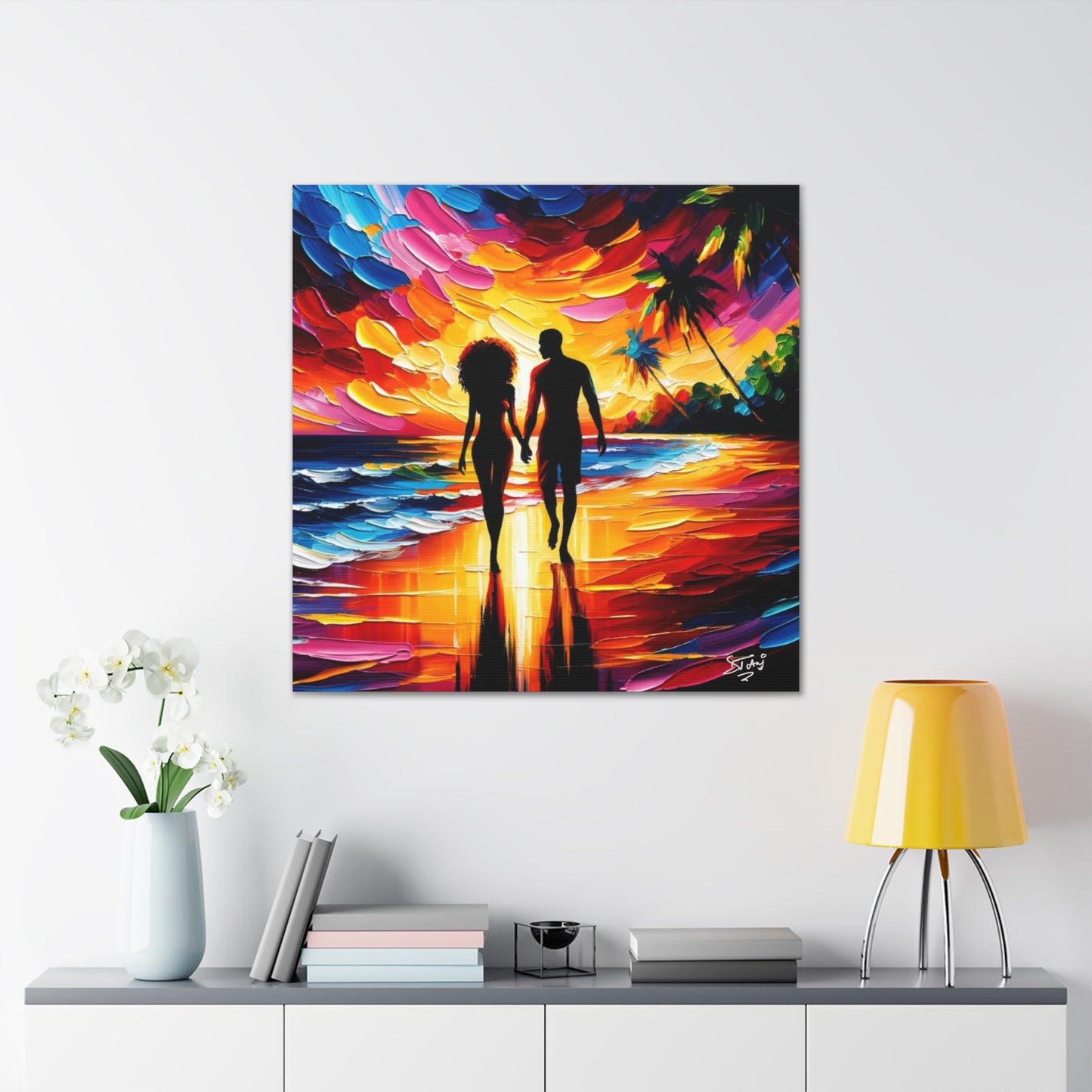 Art Print, Caribbean Couple, "Walking on the Beach" Semi-Abstract Oil Finish, West Indian Ethnicity, Cultural, Heritage, Abstract, Canvas Gallery Wrap