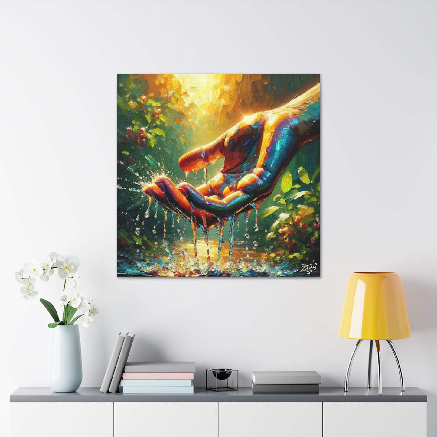 Art Print, "Hand in Water" Oil Finish, Unity, Togetherness, One Love, Semi-Abstract, Canvas Gallery Wrap