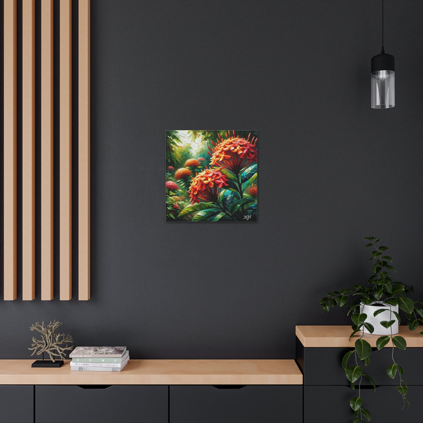 Art Print of Ixora Flowers, Oil Finish, West Indian Art, Canvas Gallery Wraps