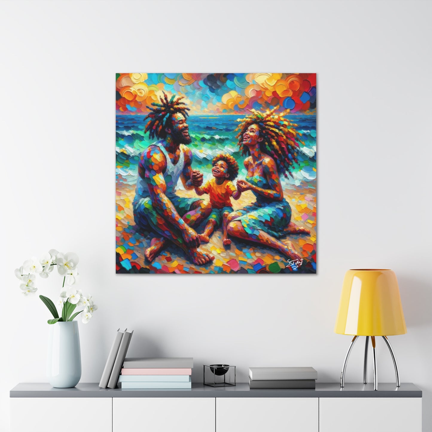 Art Print, Afro-Caribbean Family "Sitting on the Beach," Oil Finish, West Indian Ethnicity, Cultural, Heritage, Semi-Abstract, Canvas Gallery Wrap