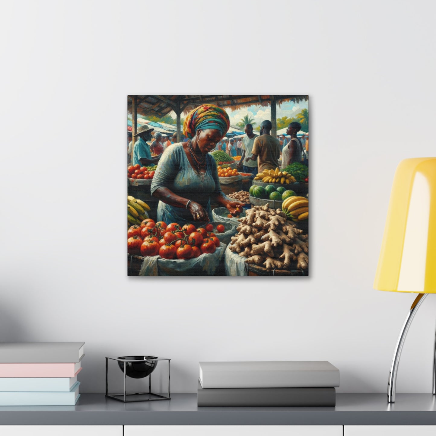 Art Print#5, "Selling at the Market", Market Scene in Trinidad, Caribbean, Oil Finish, West Indian Art, Canvas Gallery Wraps