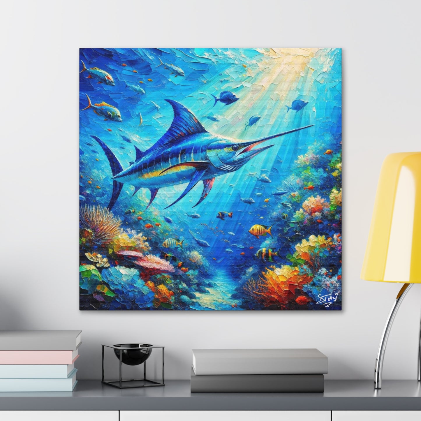 Art Print, Blue Marlin in Coral Reef, Oil Finish, Caribbean Nature, Semi-Abstract, Canvas Gallery Wrap