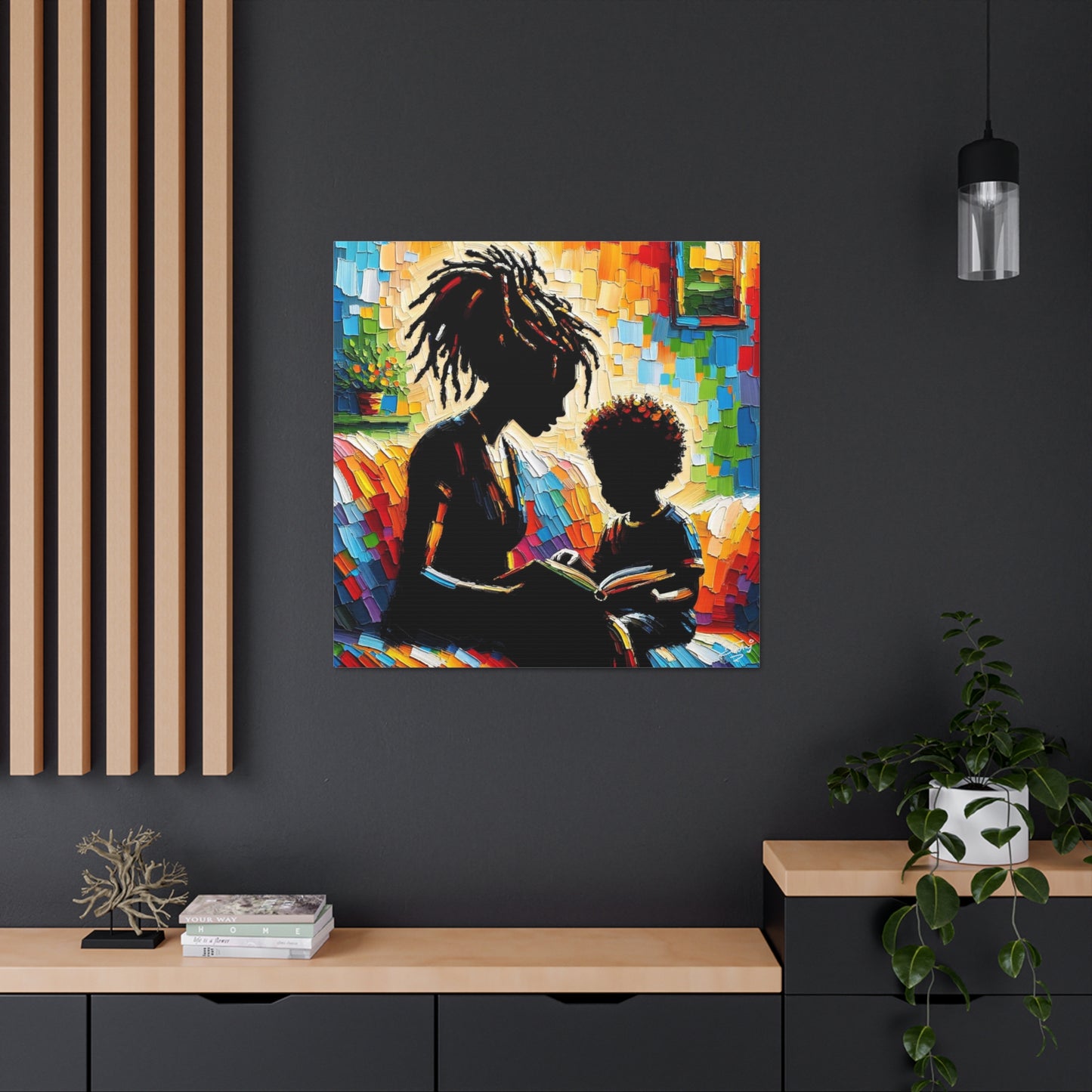 Art Print, Afro-Caribbean Mother & Son (3), Oil Finish, West Indian Ethnicity, Cultural, Heritage, Semi-Abstract, Canvas Gallery Wrap