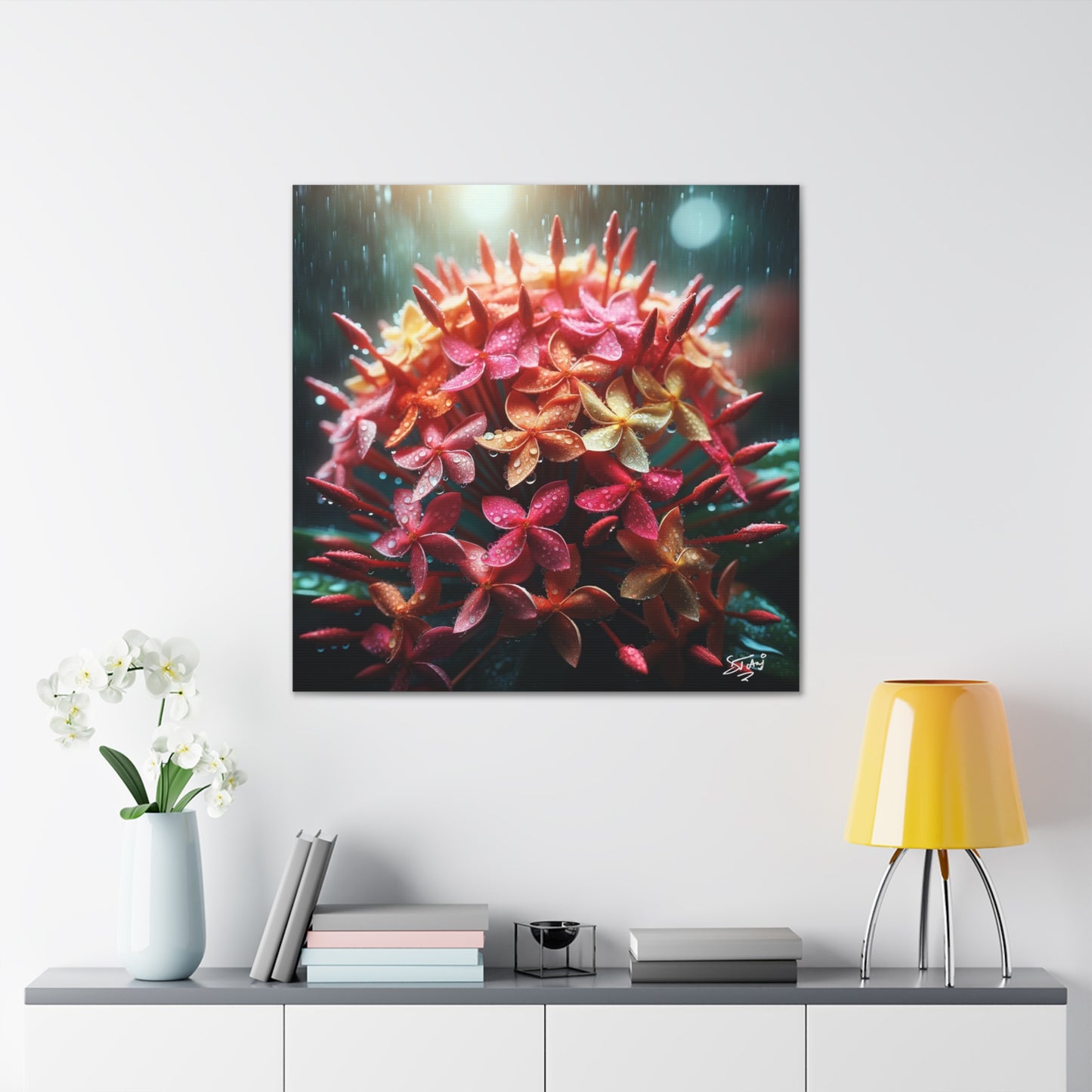 Print of Ixora Flower in The Rain, Caribbean, Vibrant and Vivid Colors of Ixora flowers, Trinidad and Tobago, Canvas Gallery Wraps