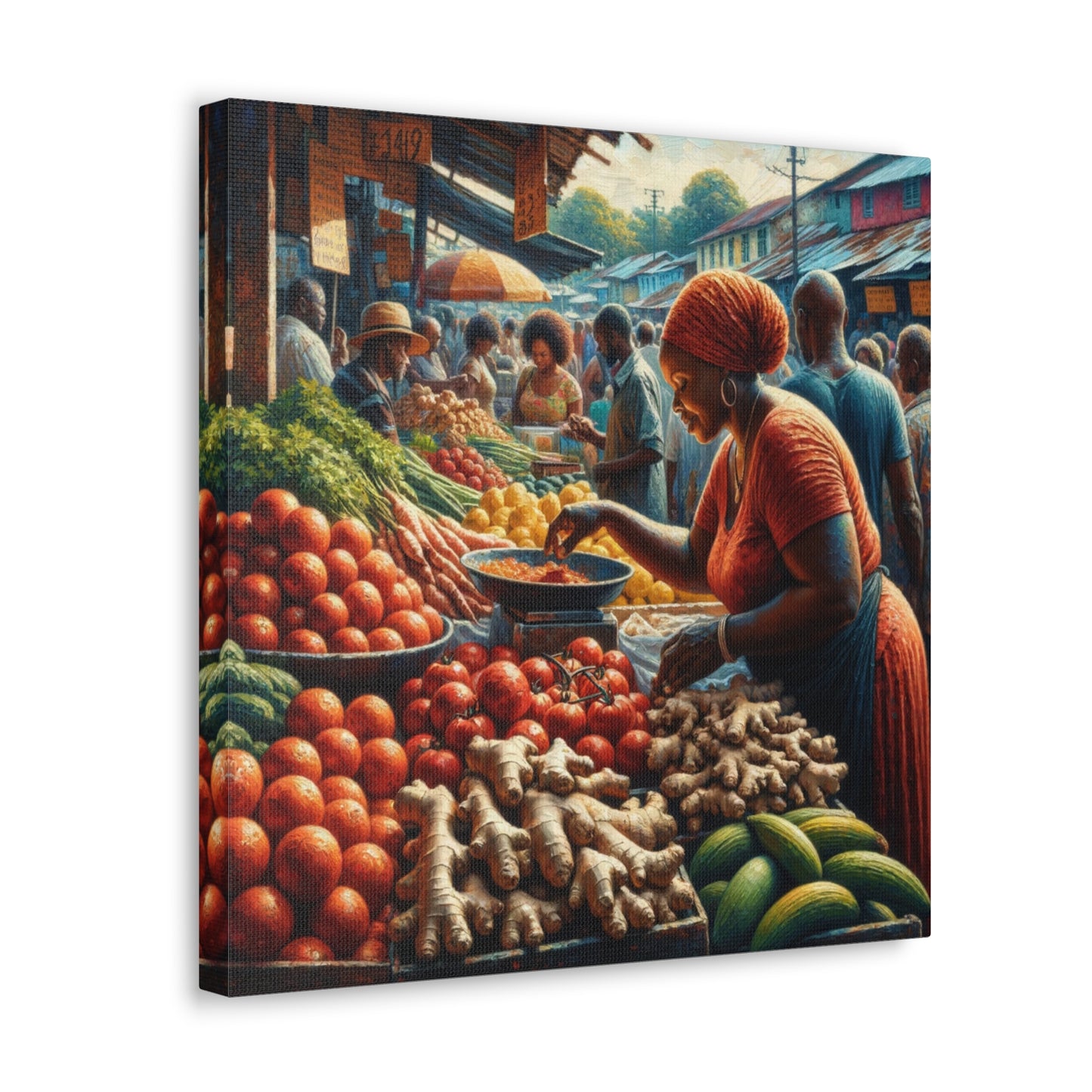 Art Print#7, "Selling at the Market", Market Scene in Trinidad, Caribbean, Oil Finish, West Indian Art, Canvas Gallery Wraps