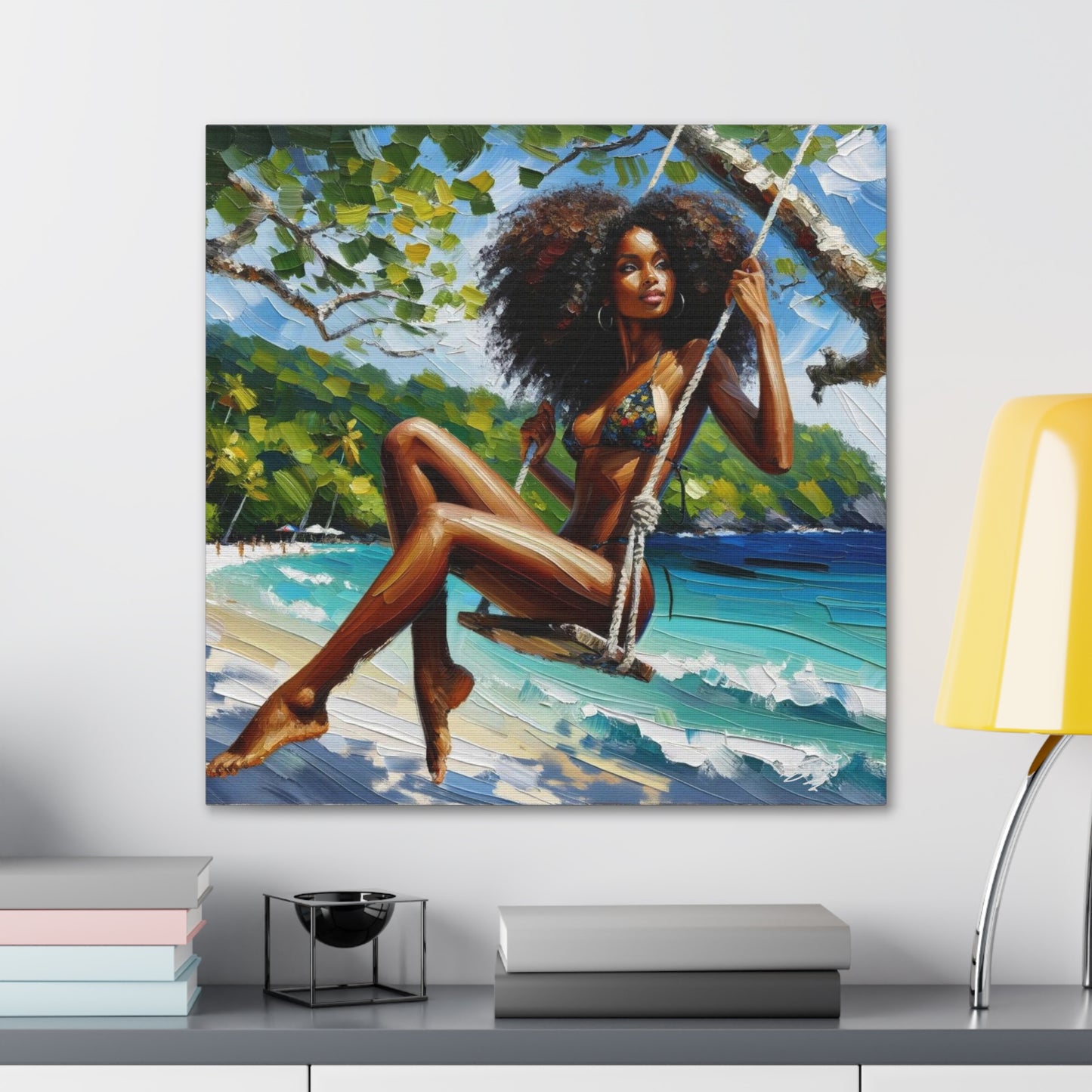 Art Print, Afro-Caribbean Woman, "Swinging" Oil Finish, West Indian Ethnicity, Cultural, Heritage, Abstract, Canvas Gallery Wrap