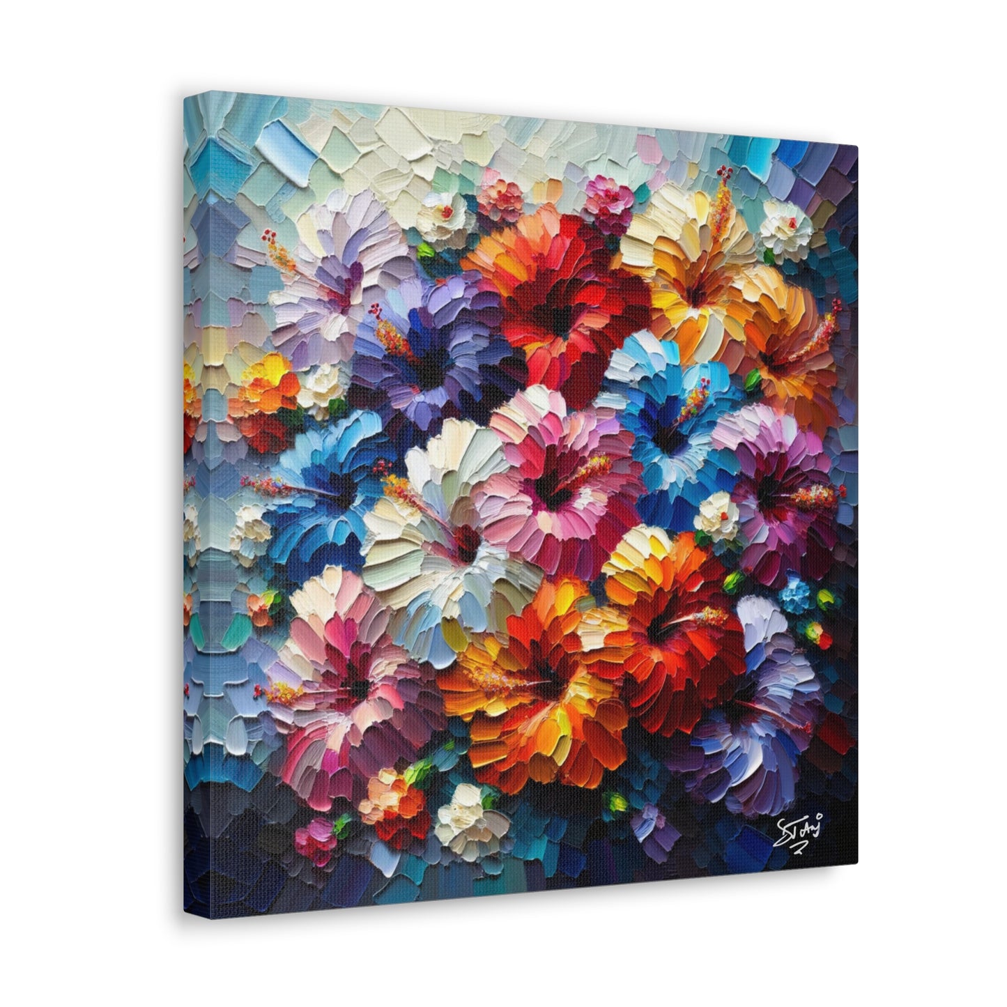 Print of Hibiscus Flower Arrangement, Semi-abstract, Oil Paint finish, Caribbean, Tropical, Canvas Gallery Wraps