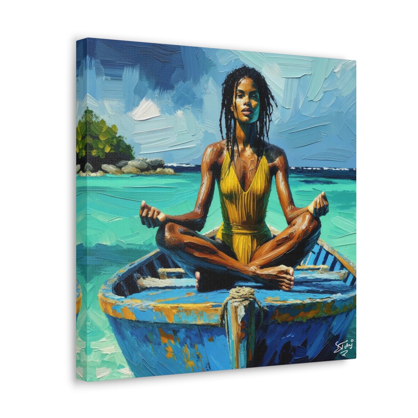 Art Print, Afro-Caribbean Woman "Chilling in the Boat (4)" Oil Finish, West Indian Ethnicity, Cultural, Heritage, Semi-Abstract, Canvas Gallery Wrap