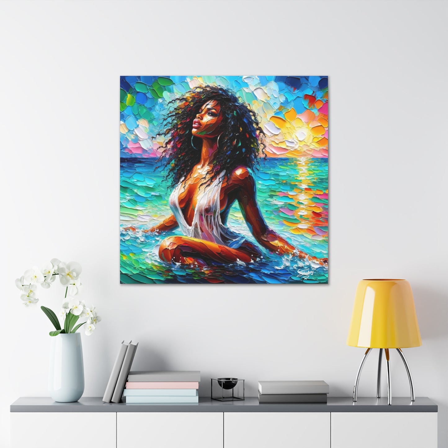 Art Print, Afro-Caribbean Woman, "Sea Bath" Abstract, Oil Finish, West Indian Ethnicity, Cultural, Heritage, Abstract, Canvas Gallery Wrap