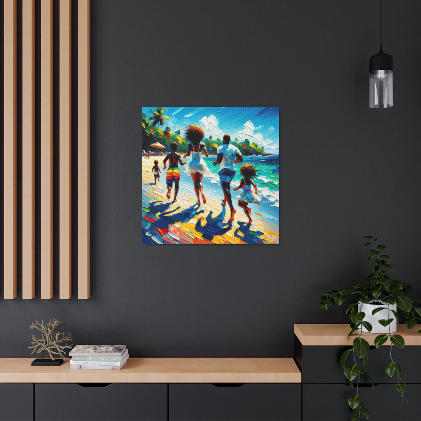 Art Print, Afro-Caribbean Family "Running on the Beach," Oil Finish, West Indian Ethnicity, Cultural, Heritage, Semi-Abstract, Canvas Gallery Wrap