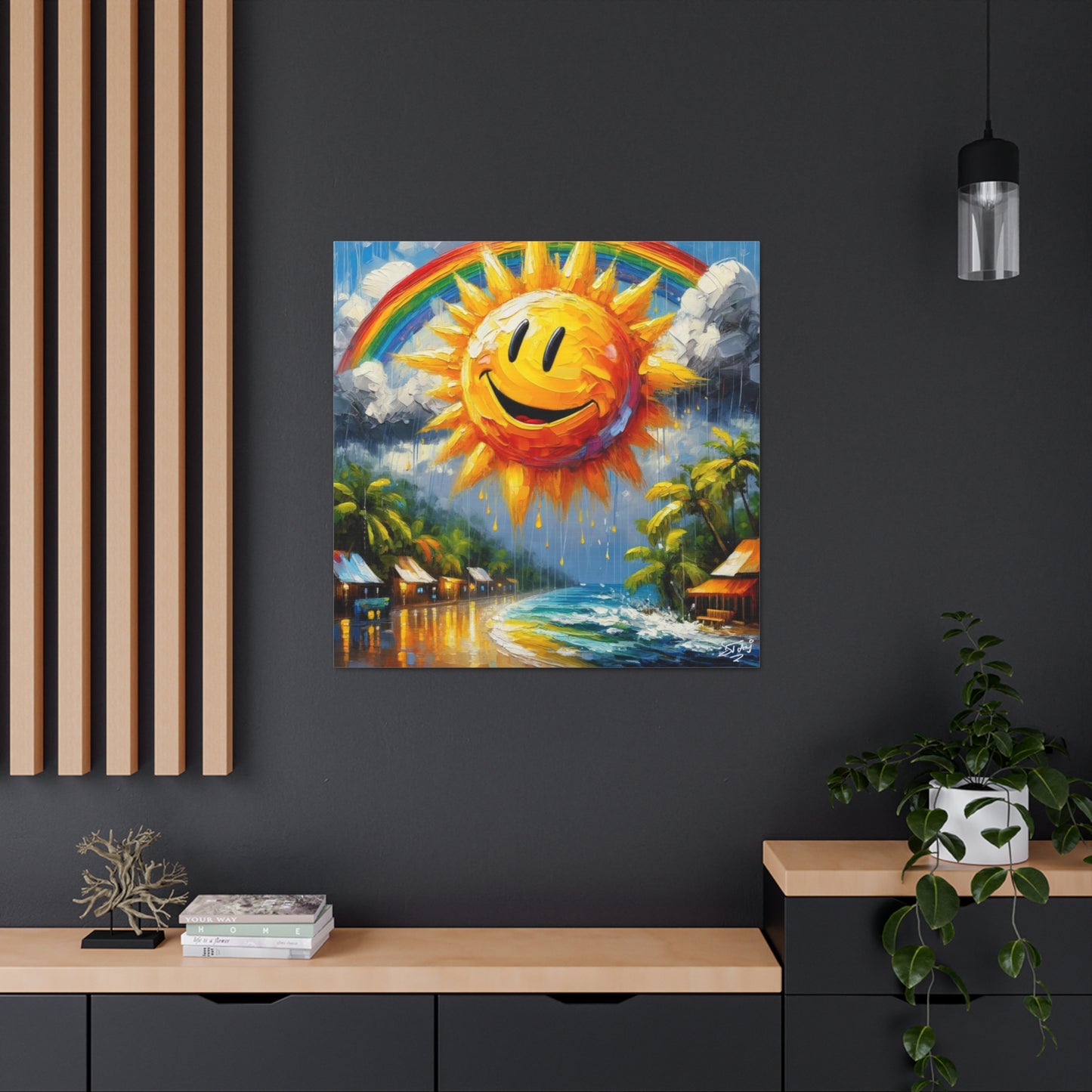 Art Print of Caribbean Beach Scene, "Sun & Rain," West Indian Art, Canvas Gallery Wraps