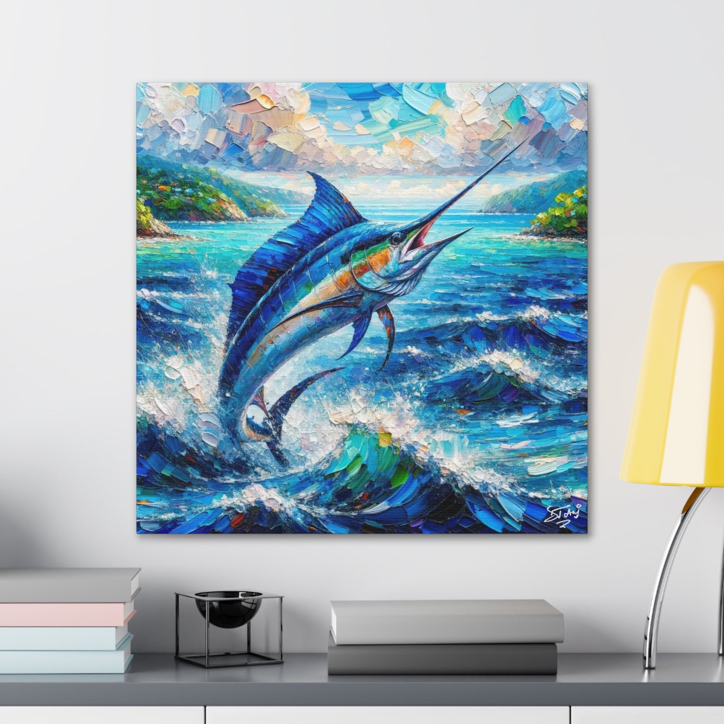 Art Print, Blue Marlin, Oil Finish, Caribbean Nature, Canvas Gallery Wrap