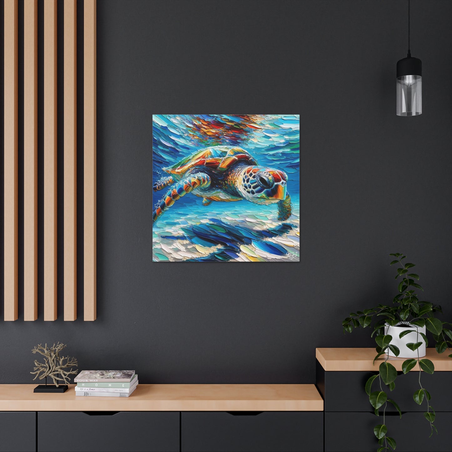 Art Print, Turtle in Reef, Oil Finish, Caribbean Nature, Cultural, Heritage, Semi-Abstract, Canvas Gallery Wrap