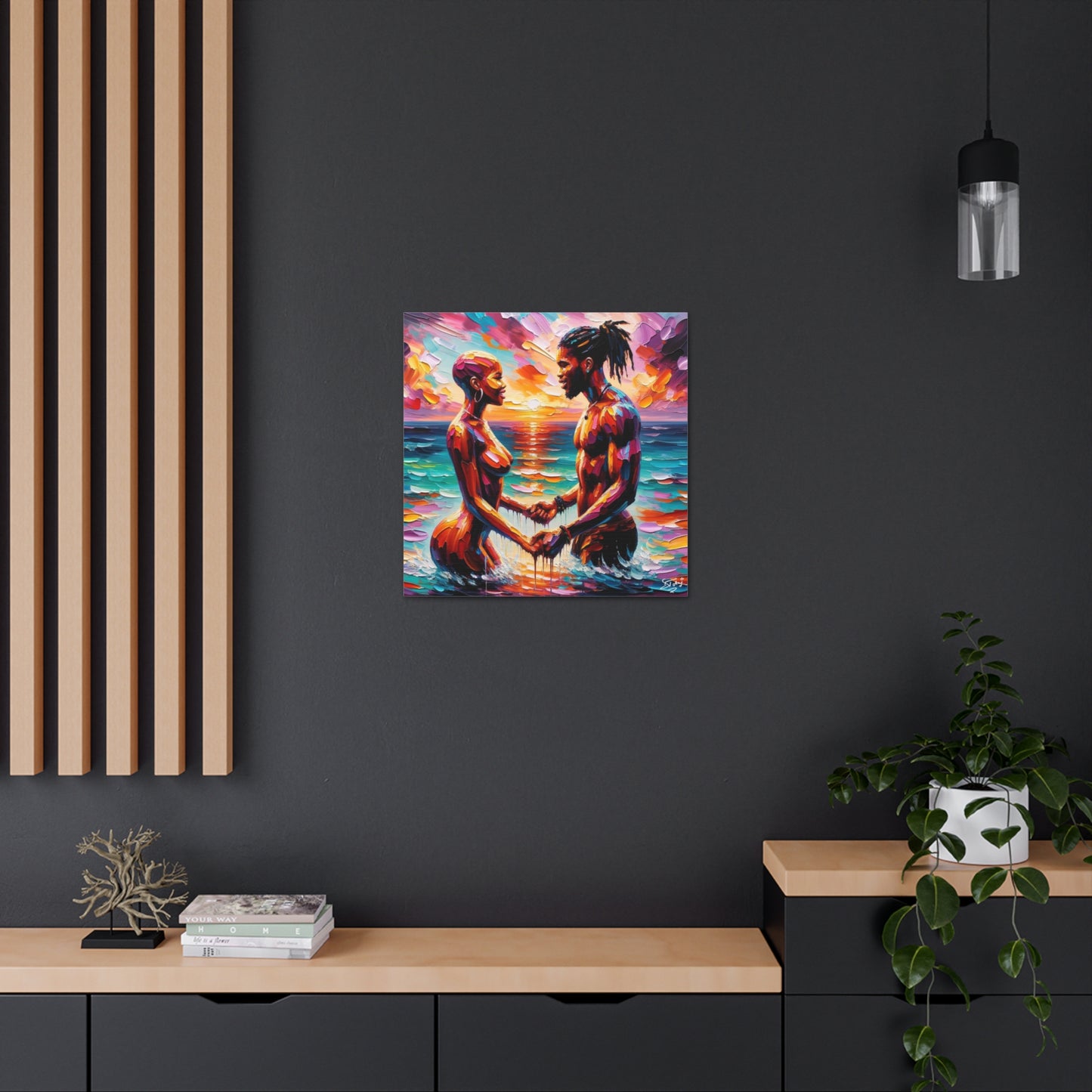 Art Print, Afro-Caribbean Couple "Skinny Dipping," Oil Finish, West Indian Ethnicity, Cultural, Heritage, Semi-Abstract, Canvas Gallery Wrap