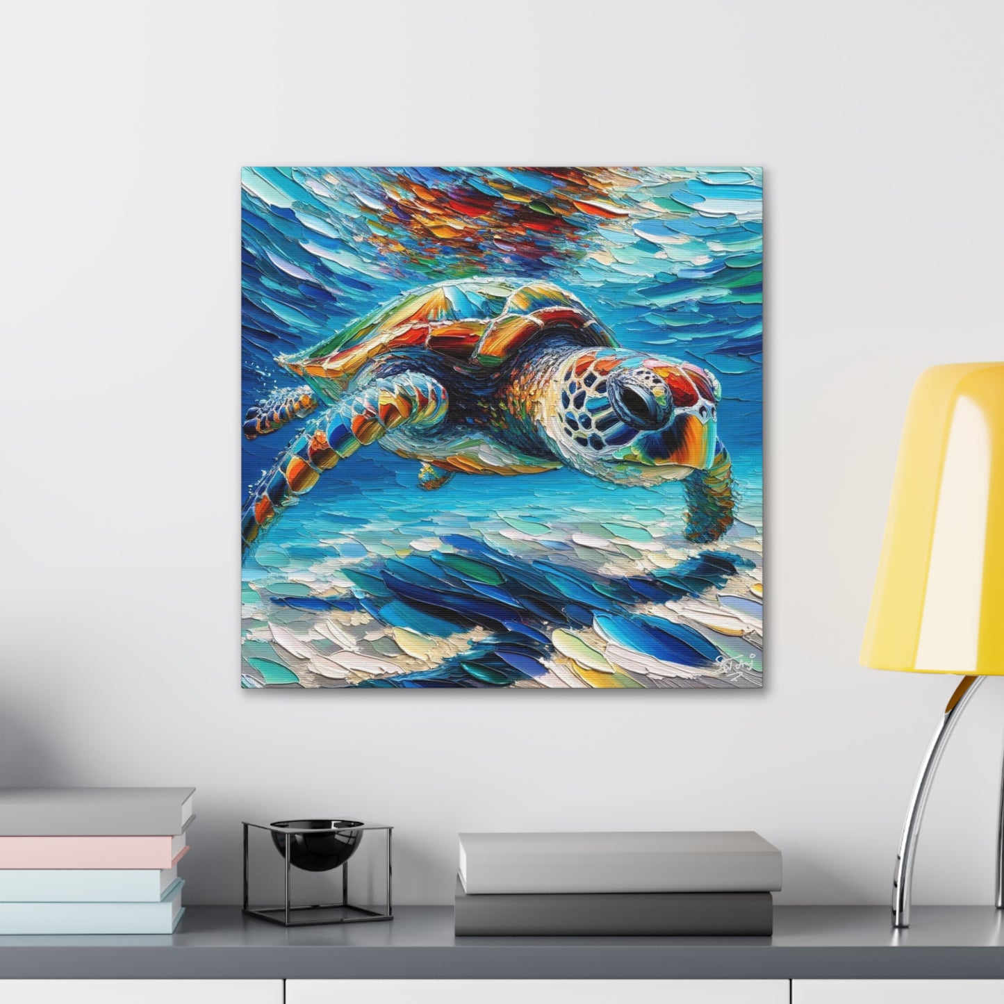 Art Print, Turtle in Reef, Oil Finish, Caribbean Nature, Cultural, Heritage, Semi-Abstract, Canvas Gallery Wrap