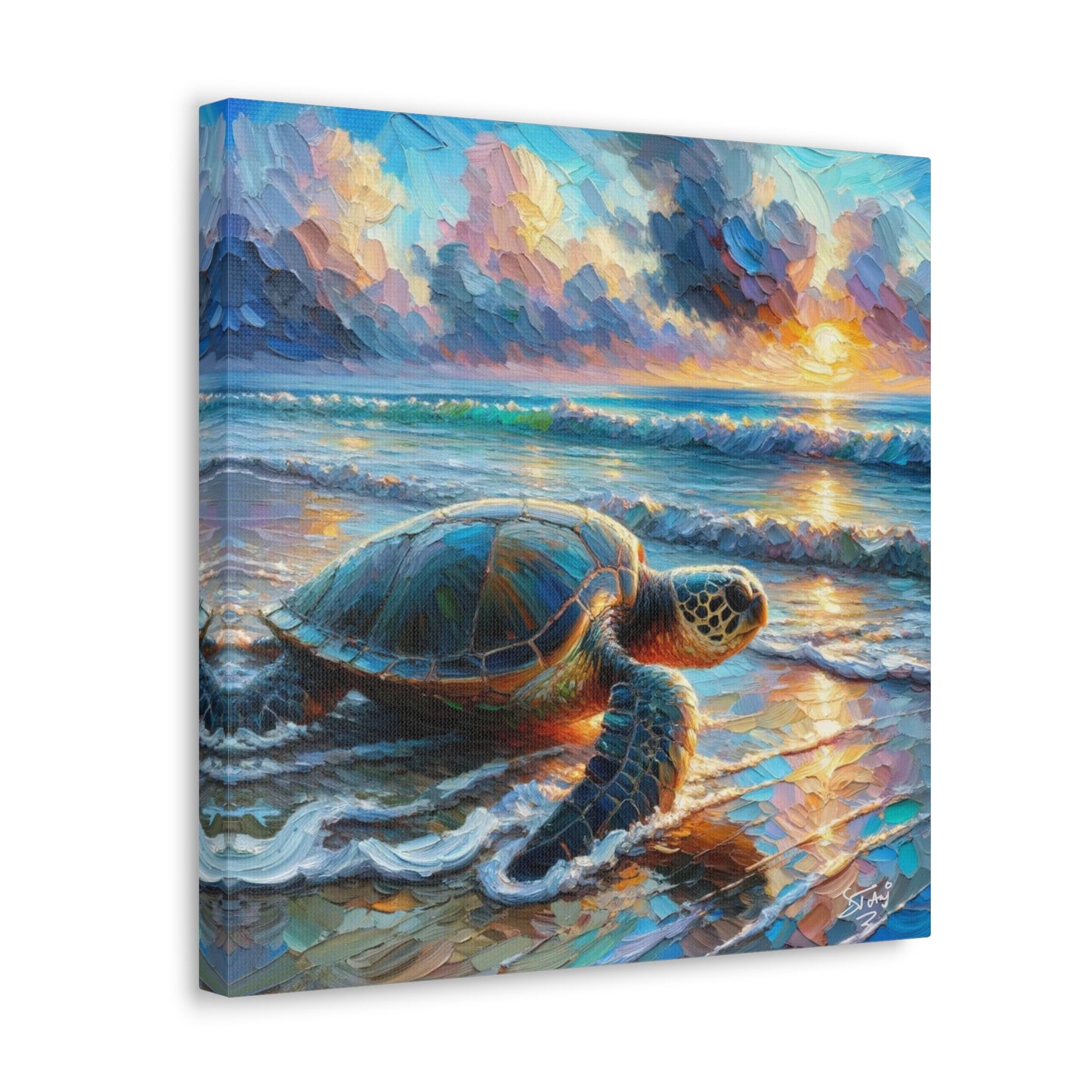 Art Print, Turtle at Sunrise, Caribbean Wildlife, Oil Finish, Caribbean Nature, Culture, Heritage, Canvas Gallery Wrap