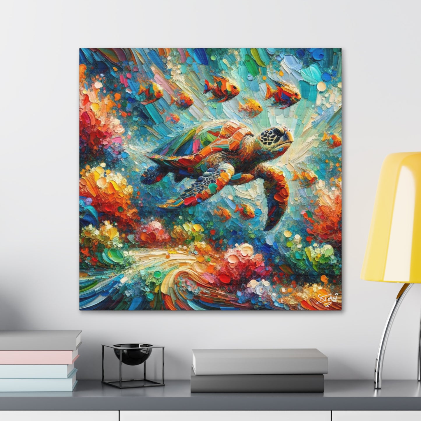 Art Print, Turtle & Fish in Reef, Oil Finish, Caribbean Nature, Cultural, Heritage, Semi-Abstract, Canvas Gallery Wrap